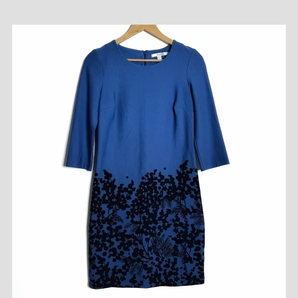 Boden Sheath Dress Stretch Ponte Fabric Blue Black Print 3/4 Sleeve Zip Back